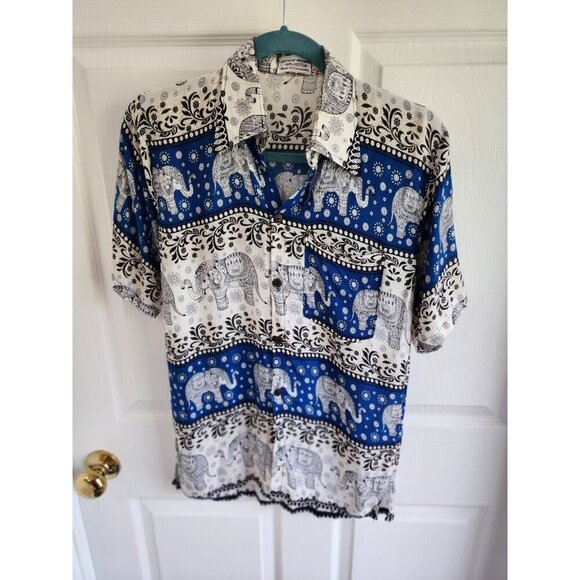 Sopheap Angkor Elephant Print Short Sleeve Button Down 100% Cotton Mens Size M - Picture 1 of 6